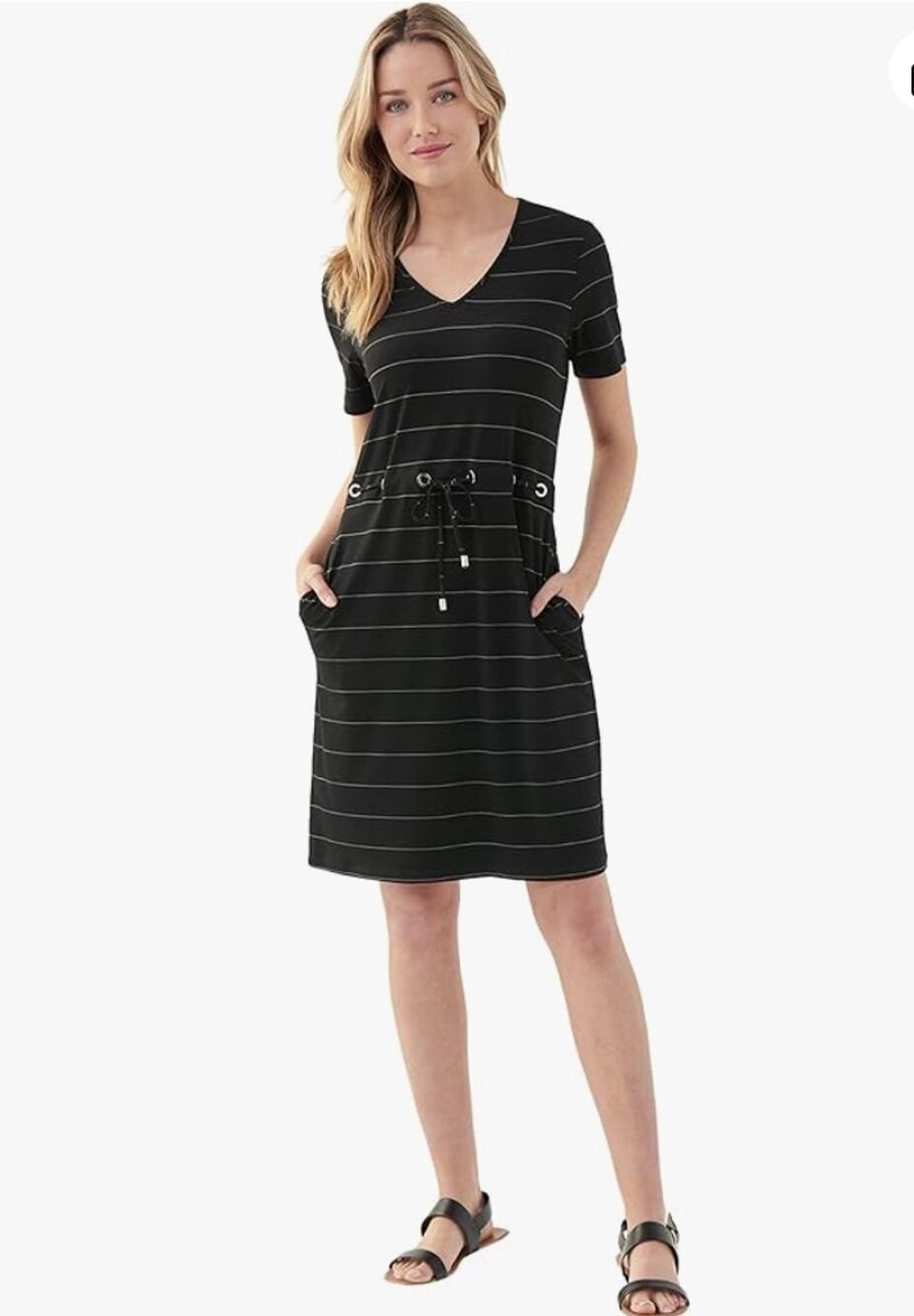 Joseph Ribkoff Womens 10 Black White Striped V Neck Mini Dress Casual NEW